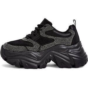 Women Leather Black Rhinestone Comfortable Wedge Walking Sport Sneakers Shoes